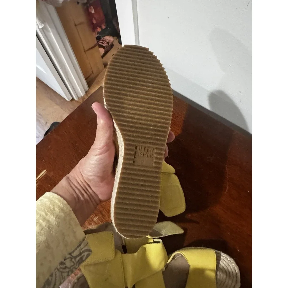 Eileen Fisher Yellow Wedge Sandals Leather Espadrille Criss Cross Women's Sz 9
